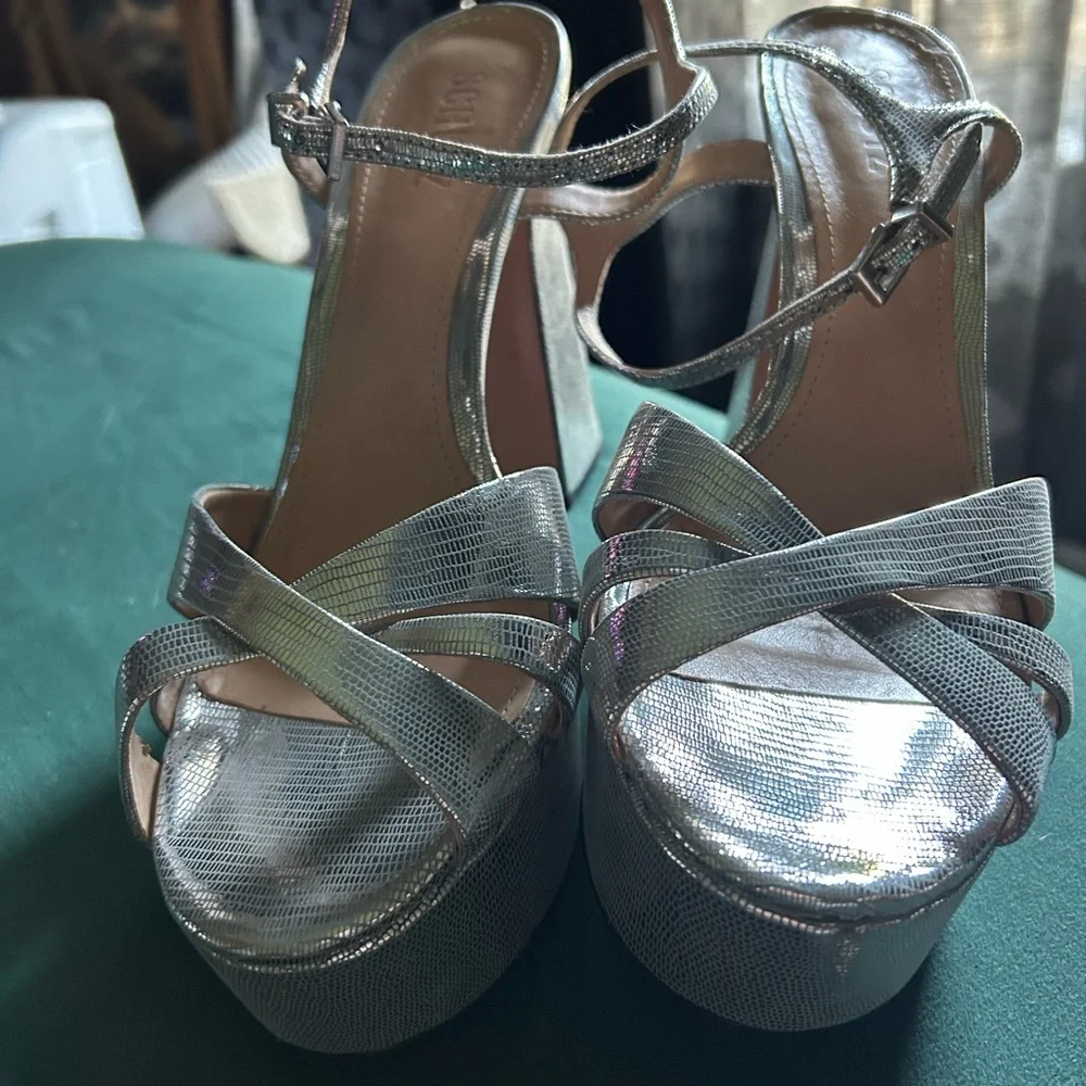 SCHUTZ Shiny Silver Platform Sandals